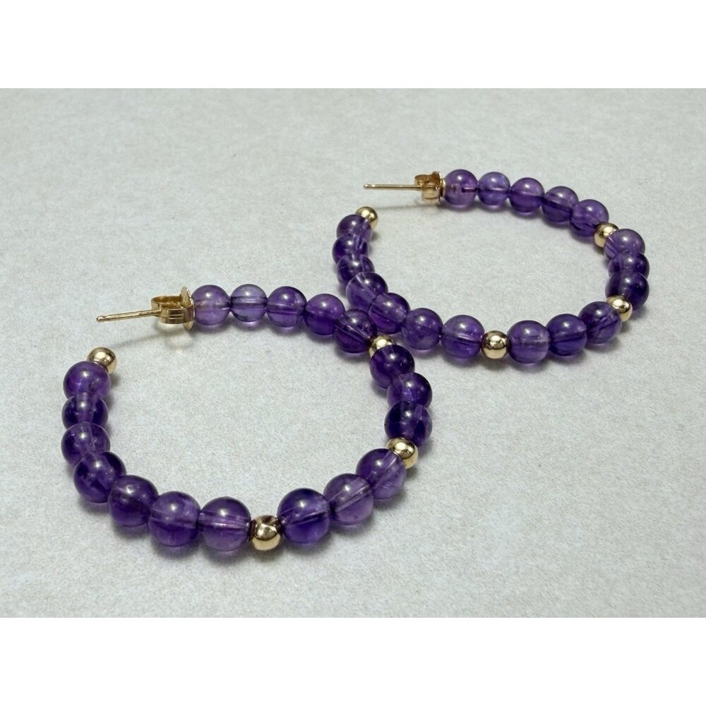 14K Gold Amethyst Hoop Pierced Earrings Purple Gemstone Fine Jewelry